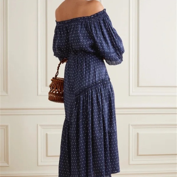 Apiece apart navy polka dot puff sleeve midi dress with tie waist. - Picture 2 of 7